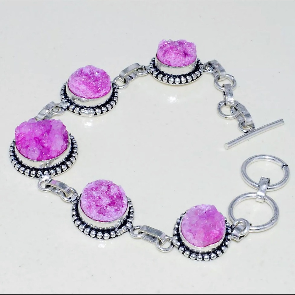 Boho Pink Druzy .925 silver bracelet 7.5